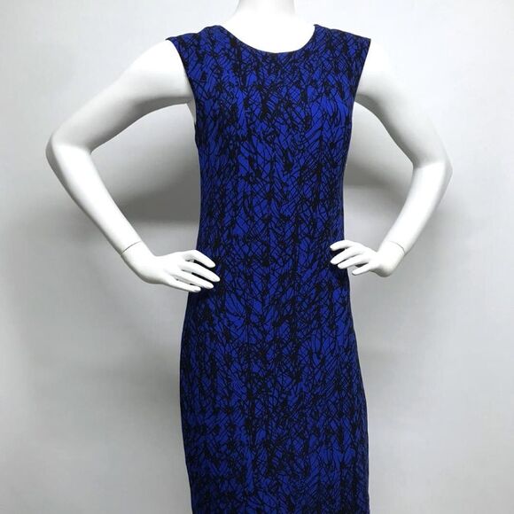 MILLY NY Cobalt Blue Black Stretch Crepe Printed Sheath Dress 8 Retail $435 - Picture 4 of 8